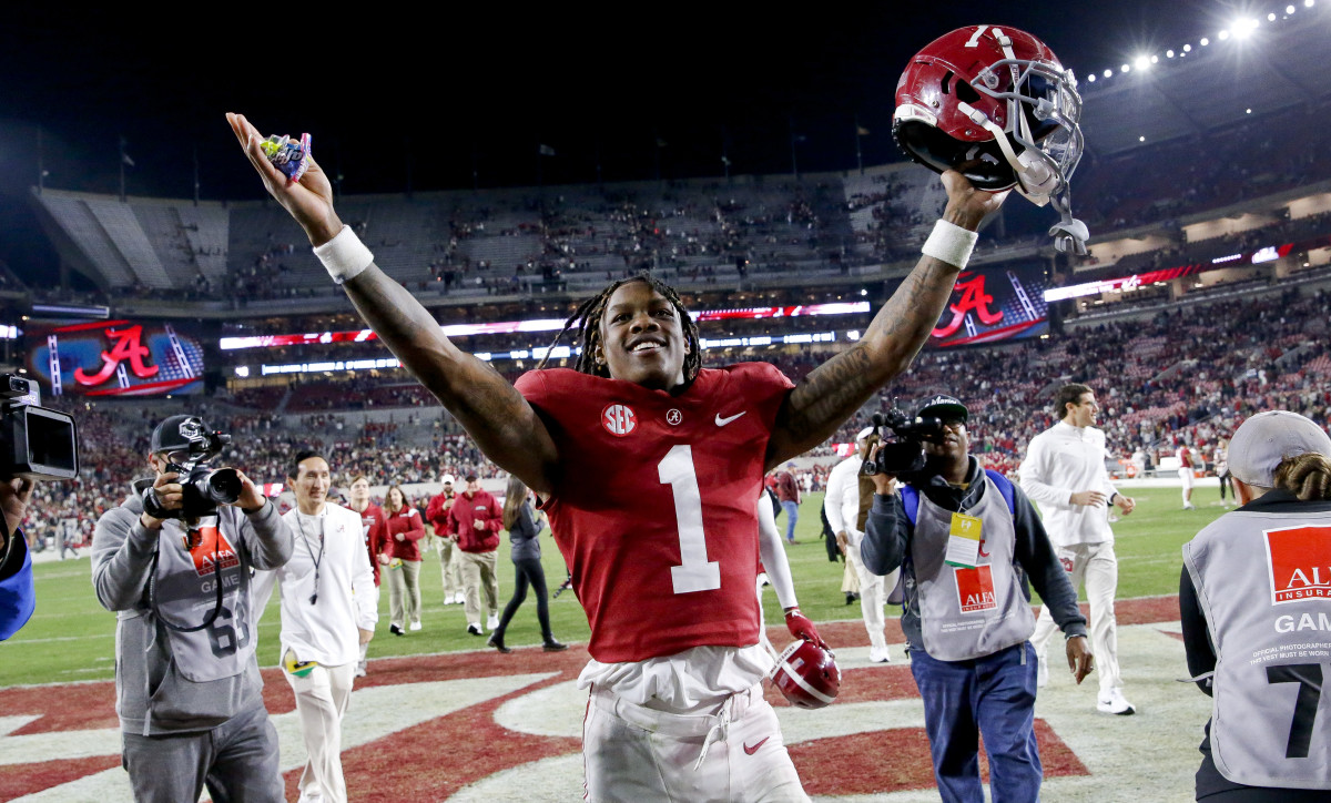 Nov 20, 2021; Tuscaloosa, Alabama, USA; Alabama Crimson Tide wide receiver Jameson Williams (1) leaves the field defeating the Arkansas Razorbacks at Bryant-Denny Stadium.